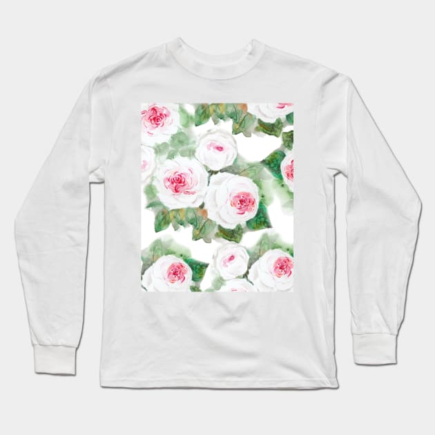 white and pink roses watercolor pattern Edit Long Sleeve T-Shirt by colorandcolor